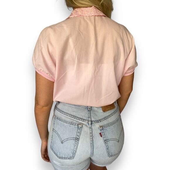 Vintage Baby Pink Pastel Barbie 50s Inspired Grease Retro Cropped Cuffed Blouse - Picture 4 of 4